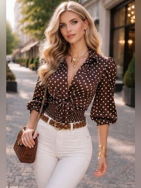 PinUp blouse brown white polka Dot 1940's Look Short Puffed Sleeve Blouse US L